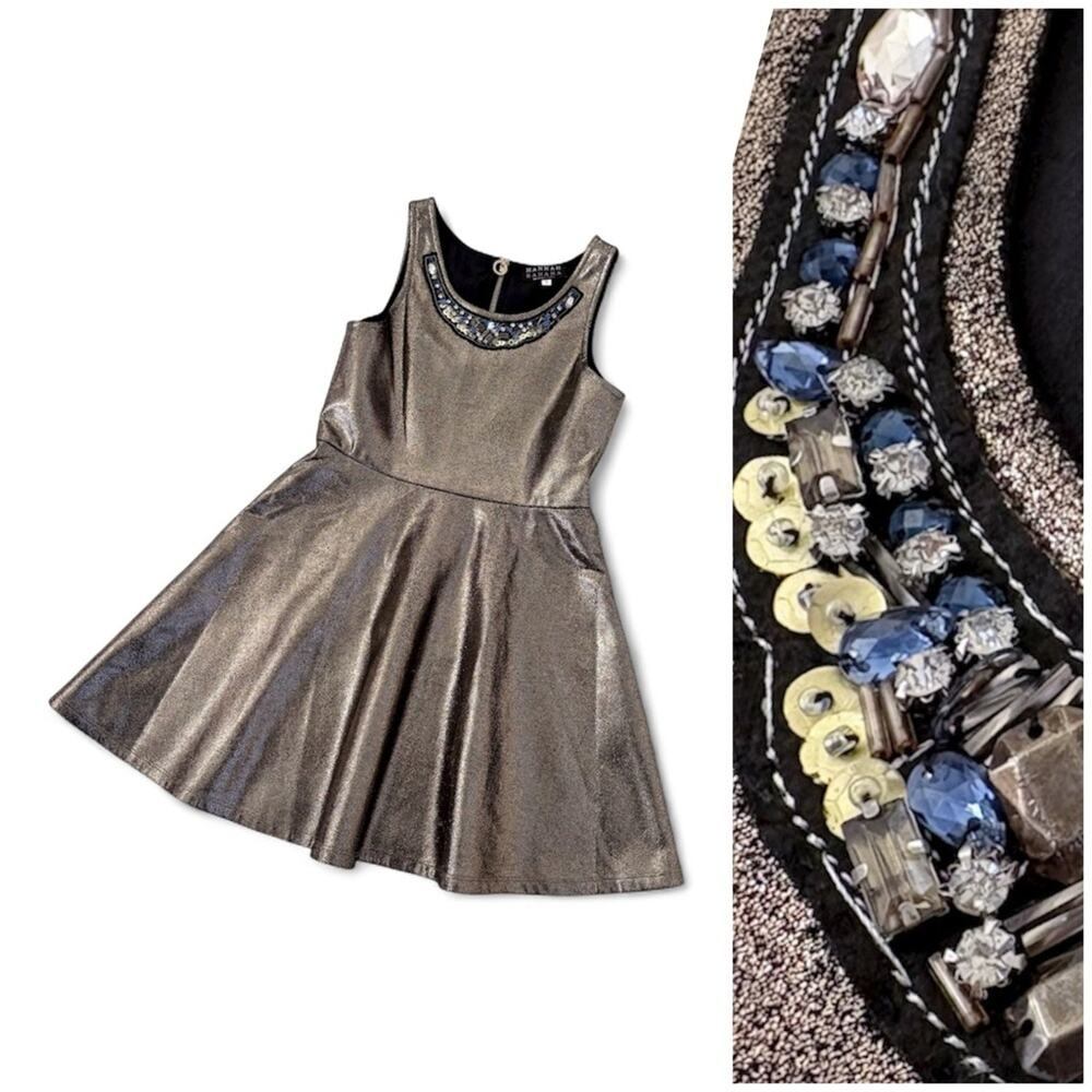 Hannah Banana Girls Party Dress Sz 8 Metallic Gold Fit Flare Rhinestone Festive